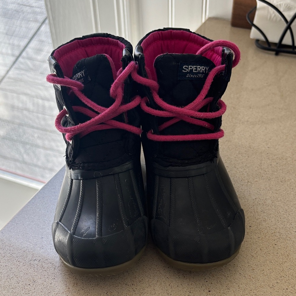Sperry Kids Black Boots with Pink Laces & Lining